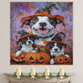 American Staffordshire Dog Halloween Canvas Wall Art with Pumpkins Fall Rustic Decor for Pet Lovers on Ready to Hang 1.5" Thick Canvas Wrap, Floating Framed Canvas, Flat Rolled Canvas